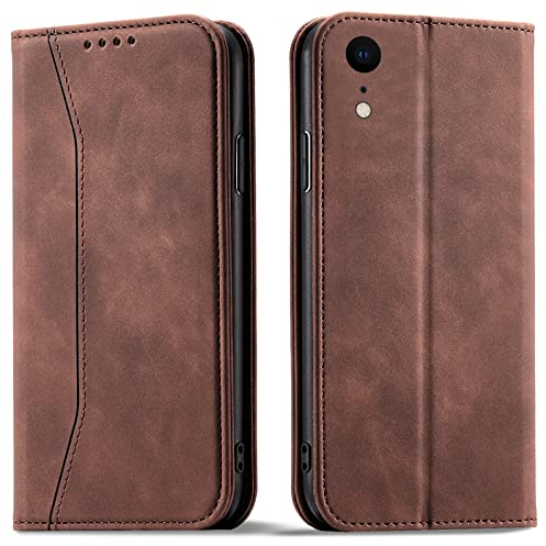OKZone Kompatibel mit iPhone XR (6,1 Zoll) Hülle, Magnet Leder Tasche Handyhülle, Kartenfächer iPhone XR Schutzhülle, [Premium PU Leder] Flip Klappbare Stoßfeste Magnetische Standfunktion (Braun)