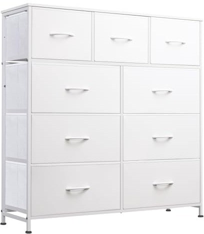 WLIVE 9-Drawer Dresser, Fabric Storage Tower for Bedroom, Hallway, Closet, Tall Chest Organizer Unit for Bedroom with Fabric Bins, Steel Frame, Wood Top, Easy Pull Handle, White