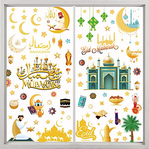 Ramadan Fensterbilder, 9 Stück Eid Mubarak Fensterbilder, Eid Mubarak Selbstklebend Ramadan Sticker, Muslim PartyFenstersticker Stern Halbmond (Schnittmuster A)