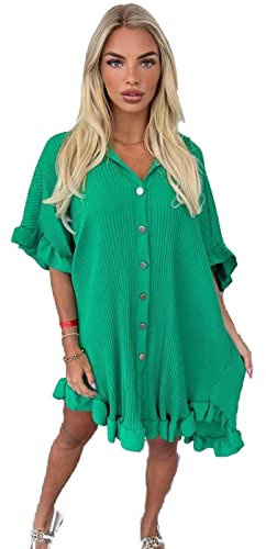 eyes Women’s Gold Button Pleated Short Sleeve Plain Collared Frill Hem Ladies Casual Loose Fit Oversized Baggy Plus Size Swing Summer Dresses for Women Jade Green One Size 8-22