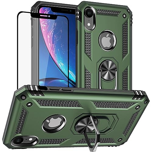 Yiakeng Schutzhülle für iPhone XR, iPhone XR, und Hartglas, Silikon, stoßfest, Stoßdämpfung, Bumper für Apple iPhone XR (Armeegrün)