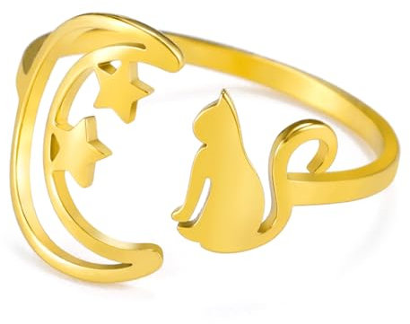 TEAMER Edelstahl niedlich Katze Ringe Mondsichel Stern Katze Ring Resizable Vollmond Katzen Ring Katzenliebhaber Schmuck für Frauen (Mondsichel-Sternkatze - Gold)