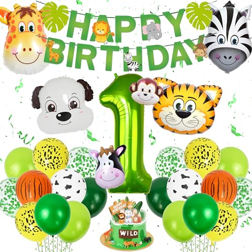 Dschungel Dekoration 1. Geburtstag Kinder - Waldtiere Geburtstag Deko 1 Jahr für Jungen Mädchen mit Happy Birthday Banner Tiger Giraffe Zebra Affe Tier Luftballon Tortendeko Grüne Safari Partyzubehör
