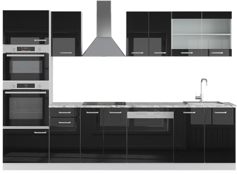 Vicco Küchenzeile R-Line, Schwarz Hochglanz/Weiß, 300 cm mit Hochschrank, ohne Arbeitsplatte