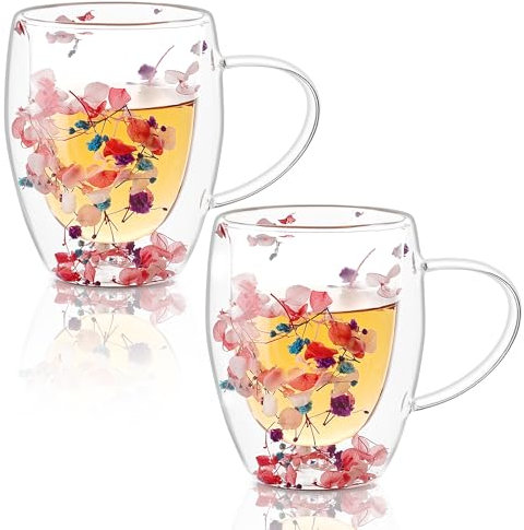 GeeWaa Lot de 2 tasses à café isolées créatives avec poignée et cuillère en verre à double paroi avec fleur séchée pour boissons chaudes et froides, thé, cappuccino, latte, expresso, jus de café 350