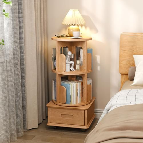 BYERZ Bücherregal mit Stauraum, drehbarer Bücherregalturm, Kleiner Bücherregal-Nachttisch mit Rollen, hölzerne Bücherregale, Nachttisch-Aufbewahrungsregale, geeignet für Schlafzimmer, Wohnzimmer usw.