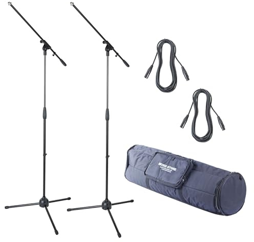 MUSIC STORE 2x Mikrofonständer-Set, Schwarz, 5m XLR Kabel, Goldkontakte, Tasche für 6 Stative, Bühne und Studio geeignet