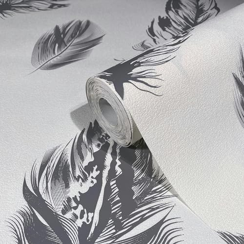 marburg Tapete Weiß Schwarz Grafisch Federn Modern Natur für Wohnzimmer Schlafzimmer Küche MADE IN GERMANY 10,05 x 0,53m