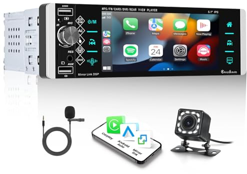 SIXWIN 1 DIN Bluetooth Radio Coche con CarPlay & Android Auto & Mirror Link,5 Pulgadas Pantalla Táctil Estéreo Coche Manos Libres Radio FM con Carga rápida,Bluetooth 5.0/FM/USB/AUX