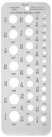 Kozelo Fractional Size Drill Gauge - [6.3x2.4x0.04 Inch] Stainless Steel Diameter Index Gauge for 1/16-1/2 Inch Size Bits Measuring Use, Silver Tone