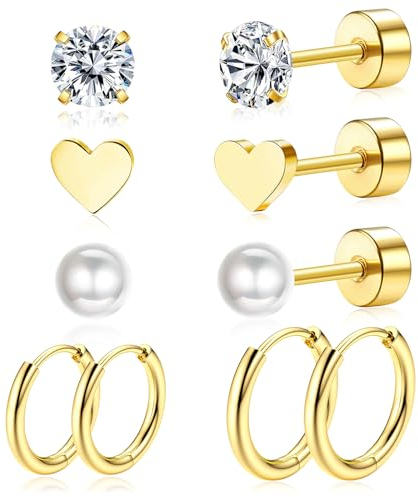 Titan Ohrringe Damen Set - 5 Paar Hypoallergene Ohrstecker Aus Titanlegierung, Kleine Creolen, Herzförmige Perlenohrringe, Schlafohrring Set, Gold