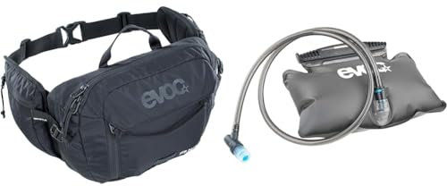 EVOC HIP Pack 3l Hüfttasche Bauchtasche Hüftbeutel (3l Fassungsvermögen, Airflow Contact System, mit verstellbarem Hüftgurt, Venti Flap-System), Schwarz & Wasserbeutel für Hip Pack 1,5l