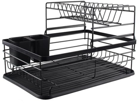 2 Tiers Dish Drainer Rack with Removable Cutlery Holder and Drip Tray, Metal Dishes Drying Draining Rack Organiser for Small Kitchen Countertop Black