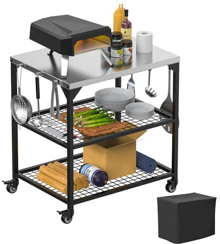 Carrello per barbecue per esterni, tavolo da forno per pizza con 4 ruote, tavolo mobile a tre ripiani, tavolo da lavoro per la preparazione degli alimenti, supporto piatto in acciaio inox per cucina,