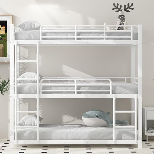 Jovify Dreier Etagenbett für 3 Kinder, Kinderbett Dreierbett 90x200 cm Bettgestell Metallbett mit Seitenleiter, Dreifachbett Hochbett Jugendbett mit Rausfallschutz und Lattenrost, ohne Matratze, Weiß