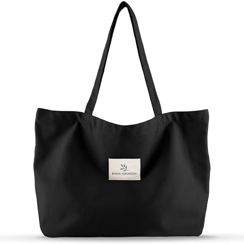 Emma Jonasson Einkaufstasche mit Reißverschluss - Große Tasche Damen - Tote Bag mit Innentasche - Perfekter Shopper groß als Strandtasche, xxl Badetasche, Shopping bag schwarz
