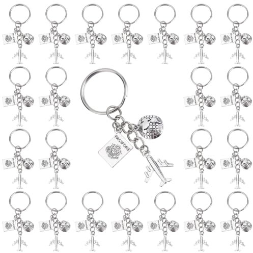 SUNNYCLUE 1 boîte de 20 Porte-Clés pour Femme Porte Clés sur Le Thème du Voyage en Vrac d'avion Voyage Terrestre Aventure Avions Cartes Passeport Mot Pilote Aviateur pour Décorations de Cadeaux