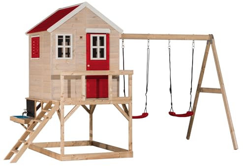 M27R-K Spielhaus Kinder Garten mit Veranda, Schaukeln und Küche – Hochwertiges FSC Holz, 192 x 405 x 242 cm, Rot – Perfektes Spielgerät für Garten und Outdoor-Abenteuer