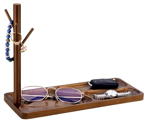 PH PandaHall Wood Key Tray for Entryway Table Key Holder Jewellery Tray for Home Decorations with Hanging Organizer Ring Bracelet Stand Tray for Watch Glasses Phone12.9x4.7x8.9 Inches, Brown