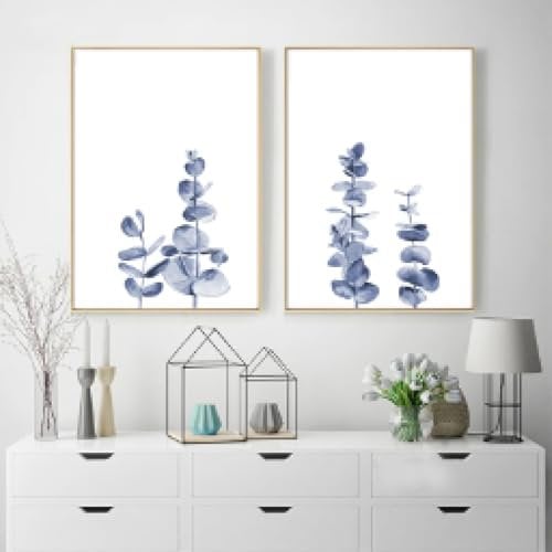 RDRDtbtr Blaue Eukalyptusblätter Pflanzen-Leinwandgemälde Wand Bilder Aquarell-Illustration Poster und Kunstdrucke Bild Wohnzimmer Heimdekoration 40 x 60 cm x 2 ungerahmt