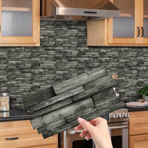 12 fogli di piastrelle adesive effetto legno, per cucina, bagno, piastrelle autoadesive da parete in vinile, impermeabili (grigio scuro)
