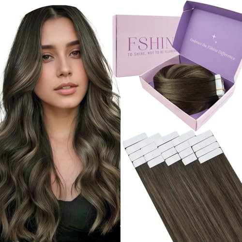 Fshine Hidden Hair Extension Tape Balayage Tape in Extensions Human Hair Brunette to Chestnut Brown and Dark Brown Hair Extensions Invisible Remy Hair Extensions for Women 16 Inch 20pcs 50g
