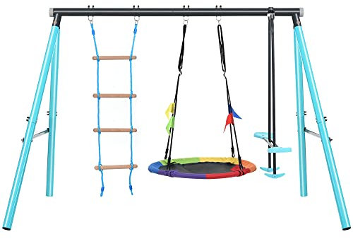 Kids Swing Seesaw Set with Metal Frame, Nest Tree Swing, Seesaw Height Adjustable, Climbing Ladder & Climbing Net, Outdoor Children Garden Backyard Playground Playset, Over 3 Years Old, Light Blue