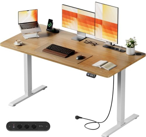 HLONONE Höhenverstellbarer Schreibtisch mit USB-Ladeanschluss und Steckdose, 120 × 60 cm Elektrischer Schreibtisch, Verstellbarer Computertisch mit 2-Funktions-Memory, Ahorn