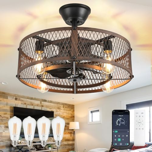 Caged Deckenventilator mit Licht: 20 Bauernhaus Kronleuchter mit Licht und Fernbedienung APP Control - Walnuss Leise DC Motor Rustic Kronleuchter mit Ventilator für Bedroon Küche Wohnzimmer Esszimmer