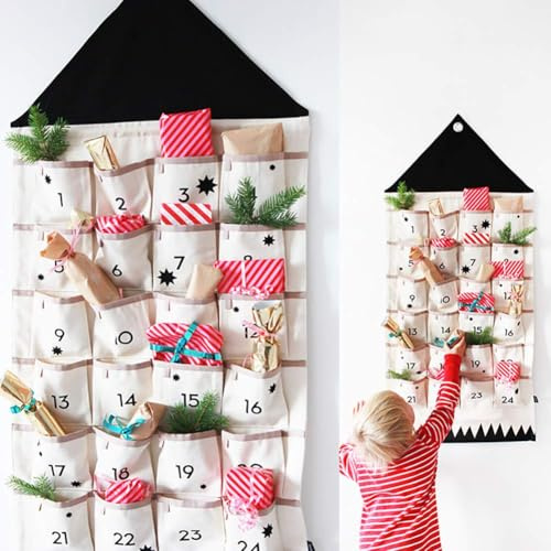 Adventskalender 2021 Weihnachten Adventskalender Stoff Christmas Advent Kalender zum Befüllen Hängender Adventskalender Advent Weihnachten Countdown Stoff mit 24 Taschen für Weihnachtsdekorationen