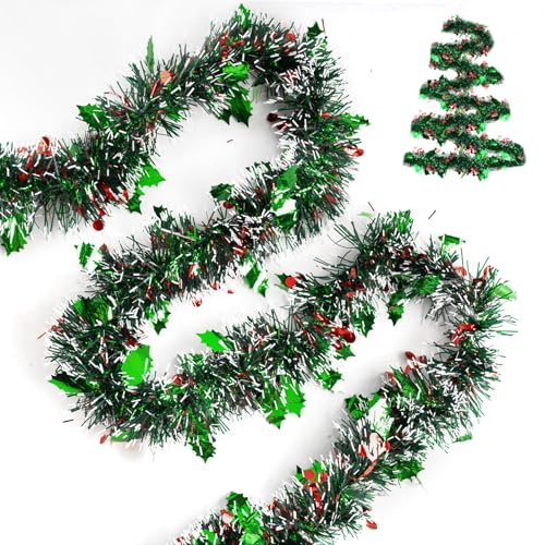 G2PLUS 10M Weihnachtsbaum Girlande Glitzer: 9cm Weihnachtsgirlande Lametta mit Beere Stechpalmenblatt, Grün und Rot Weihnachten Deko Girlande für Weihnachten, Weihnachtsbaum Dekorieren