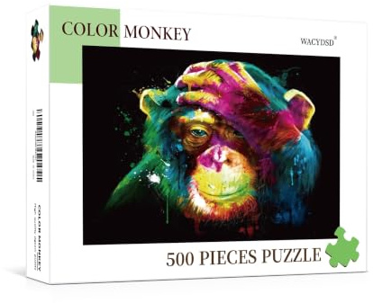 500 Teile Puzzle Kunst - Buntes Schimpansen Porträt | Graffiti & Drip Painting Stil | A-F Sortierbereiche auf der Rückseite | Kreativpuzzle für Erwachsene