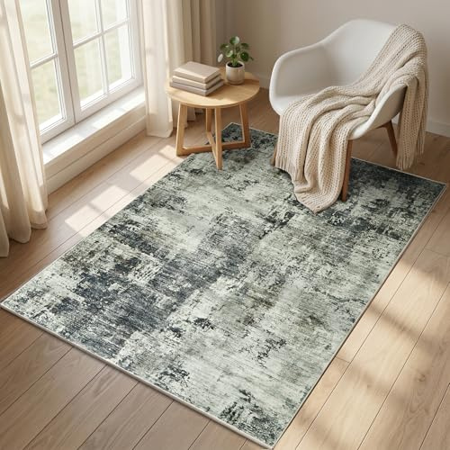Aspire Homeware Washable Rugs Living Room 80 x 150 cm Vintage Design Abstract Grey Rug for Dining Room Soft Area Rugs for Bedroom Non Slip Rug for Kids Room Low Pile Plush Carpet, Frost