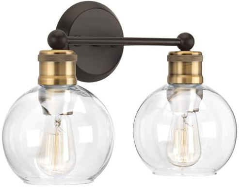 Spiegelleuchte Bad Wandlampe Vintage Wandleuchte E27 Indoor Wandbeleuchtung mit Glas Lampenschirm Wandleuchten Metall (Ohne Leuchtmittel) für Schlafzimmern Wohnzimmer Flur (Schwarz Gold,2 Flammig)