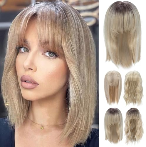Hair Topper für Frauen Balayage Blond Haartopper mit Pony Wiglets Haarteile | 35cm Gerade Haarteile für Dünnes Haar Tägliches Halloween Hochzeits Cosplay Karneval, Hitzebeständiges Synthetikhaar