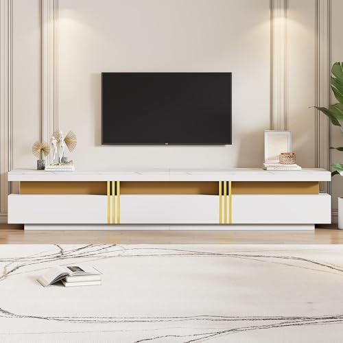 Kelodan Mobile moderno da 200 x 40 x 42 cm, con effetto marmo, per TV fino a 90 pollici, tre cassetti e 1 gestione dei cavi