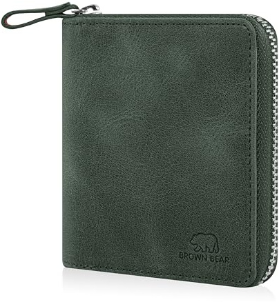 BROWN BEAR Geldbörse Reißverschluss Leder RFID-Schutz & Münzfach - 8009 GN | Echtleder Portemonnaie Olive Grün Vintage für Damen & Herren BB Design Geldbeutel Zip umlaufend