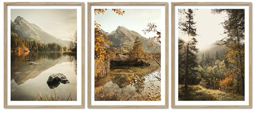 ARTFAVES® Poster Set - Herbst See - 3-teilige Bildercollage Wohnzimmer, Schlafzimmer - moderne Wandbilder Natur, Berchtesgaden Hintersee - 30x40 cm - mit Rahmen Eiche