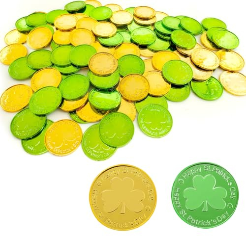 100 PCS St. Patrick's Day Leaf Coins Shamrock Coins Gold and Green Plastic Shamrock Tokens Lucky Leprechaun Coins for Irish Theme Celebration Decorations St. Patrick's Day Gathering Table Decor