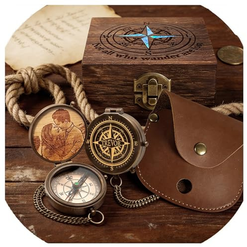 UIDMEN Bussola con incisione personalizzata con scatola di legno, bussola tascabile in ottone personalizzata, con custodia in pelle PU, per campeggio, escursionismo, pesca, ricordo antico vintage
