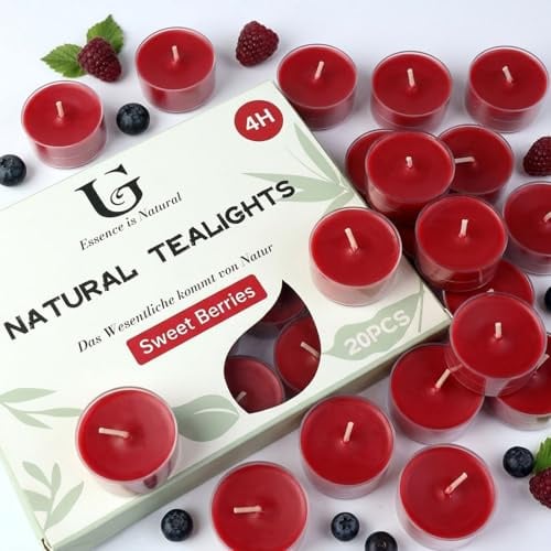 UGBEM 20 Stück süße Beeren Teelichter, 4 Stunden Brenndauer | langbrennende Kerzen für Innen- und Außenbereich, gelbe Duftkerzen für Terrasse, Garten, Camping und Zuhause