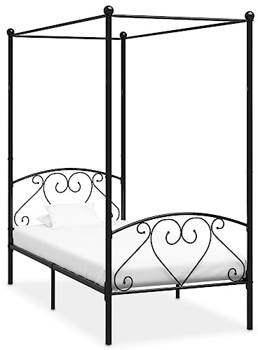 Foknhdi Himmelbett Schwarz Metall 90x200 cm mit Oberrahmen für Vorhang Vorhangstange Modernes Design Stabiles Einzelbettgestell für Jugendzimmer Gästezimmer Schlafzimmer