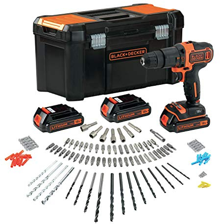 Black+Decker BDCHD181B3A-QW - Schlagbohrmaschine 18 V 1.5 Ah Lithium, 3 Akkus, Schnellladegerät, 120 Zubehöre, Werkzeugkasten