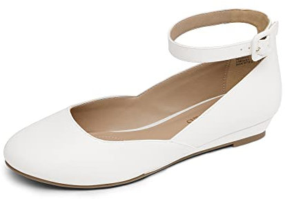 DREAM PAIRS Women's Ballet Flats Pumps Ballerina Ankle Strap Elastic Low Wedge Sandals Round Toe Comfy Dolly Shoes,Size 9,White/PU,REVONA