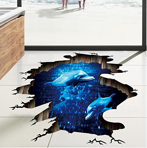 HALLOBO® XXL Wandtattoo Wandaufkleber 3D Boden Delphin Unterwasserwelt Delfine Marine Meer Wandbild Wohnzimmer Schlafzimmer Kinderzimmer Deko Badzimmer