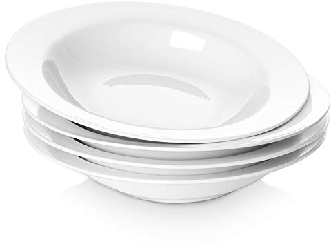 Y YHY Assiettes à Pâtes Profondes, Ø 24cm Assiette à Soupe Ccreuse, 600ml Assiette Bol à Salade/Pates/Soupe, Assiette Plates, Porcelaine Premium, Lavable au Lave-Vaisselle, Lot de 4 | Blanc