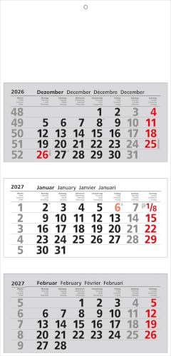 Güss 3-Monatskalender Dreimonatskalender Größe 33 cm x 70 cm einzelne Monatsblöcke 3-Block-Kalender Kalendarium 4-sprachig 2-farbiger Druck