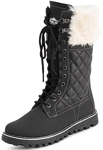 Polar Damen Kunstpelz Warm Thermal Wasserdicht Draussen Gehen Schnee Winter Gummisohle Wadenstiefel - Schwarz/Beige - UK10/EU43 - YC0605