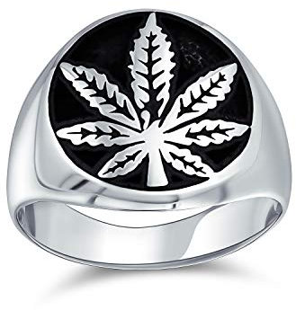 Unisex Cannabis Weed Schmuck Marihuana Blatt Medaillon Flache Runde Signet Marihuana Blatt Ring Western-Schmuck Für Männer Oxidiert .925 Sterling Silber Handgefertigt In Der Türkei Brauchizable