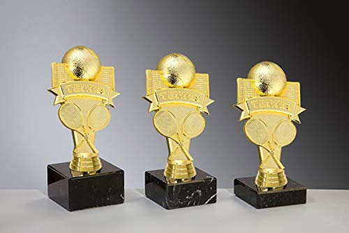 Henecka 🎾 Tennis Pokal Tennis Trophäe Schraubfigur Tennisball Racket gekreuzt Gold, Marmorsockel schwarz, mit Wunschgravur, wählbar in 3 Größen oder als 3er-Serie (Sockel 65 x 30 mm)